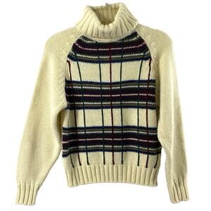 Laura Scott Womens Turtleneck Sweater Size Small Cream Plaid Preppy Wool Blend‎